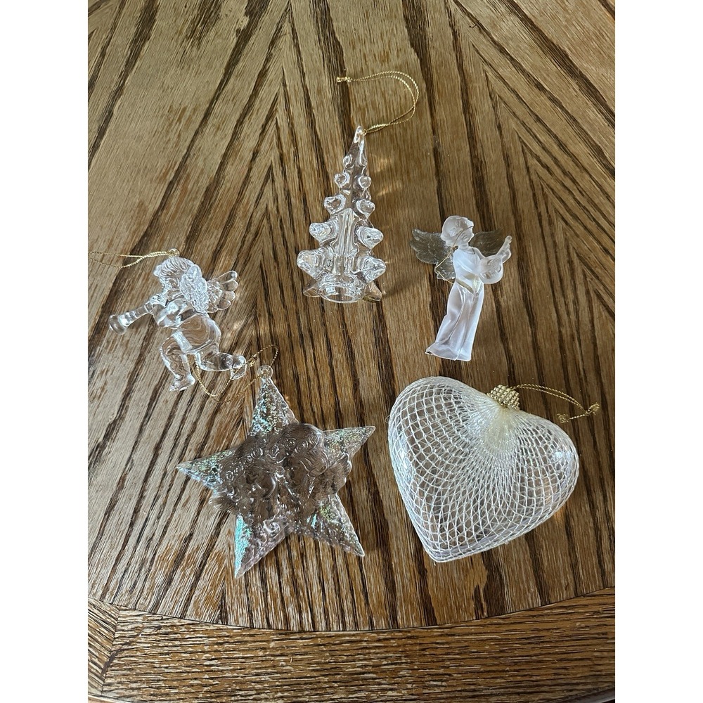 Vintage Christmas Ornaments Heart‎ Cherub Angel Tree Clear Acrylic Lot Of 5